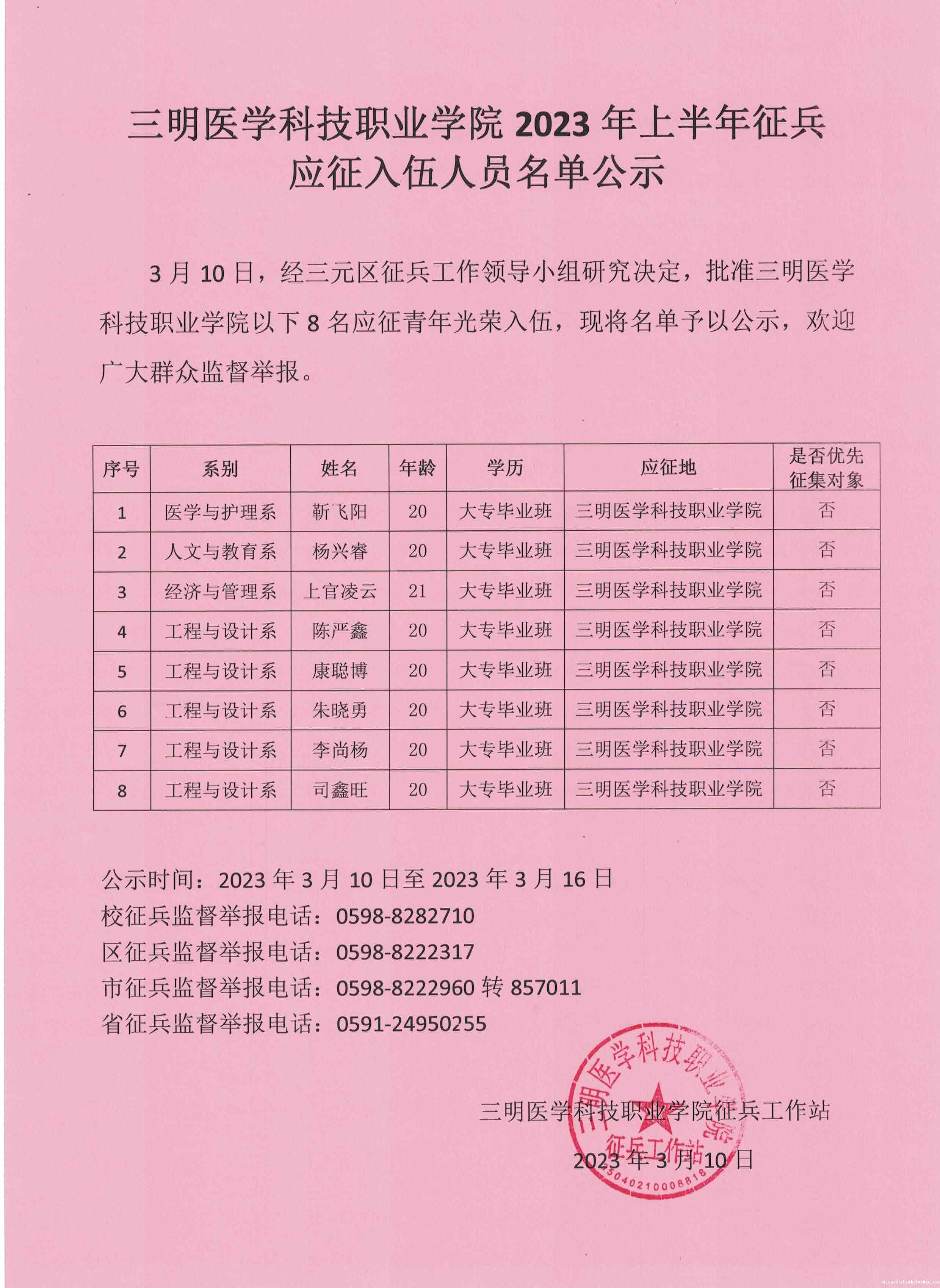 2023年上半年征兵应征入伍人员名单公示